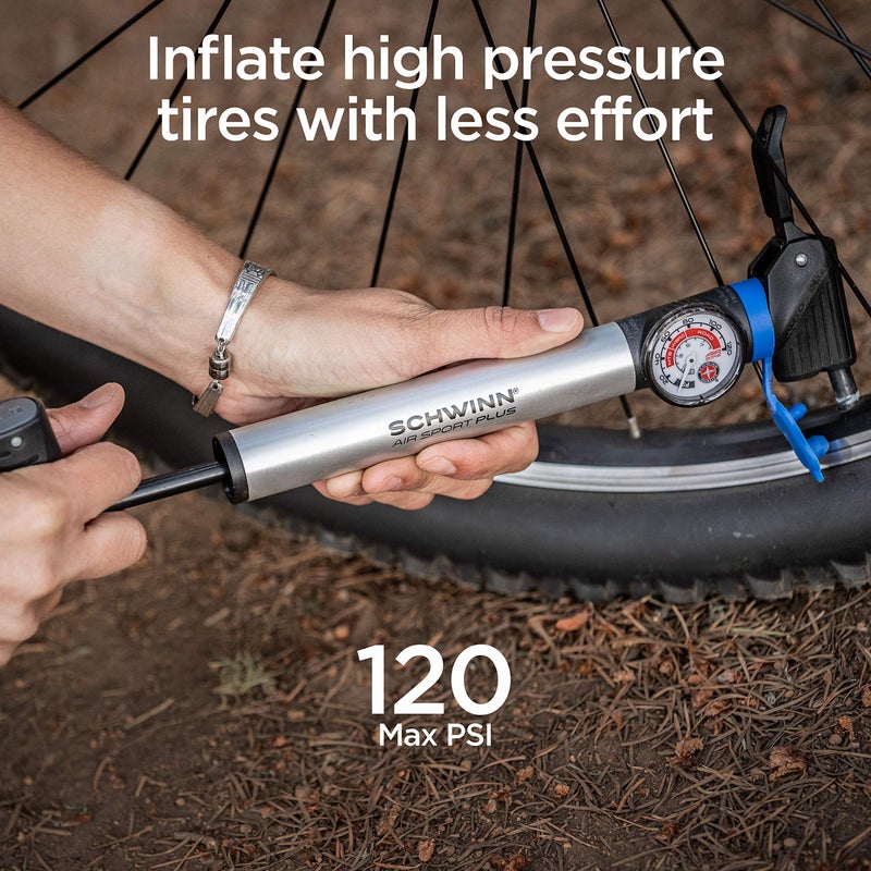 Schwinn Air Sport Pro or Plus Frame Pump, Black, Pressure Gauge, For Mountain, Cruiser and Electric Bikes, with Frame Mount Attachment, Dual Head for Schrader and Presta Valves, Manual Air Pump - Image 3